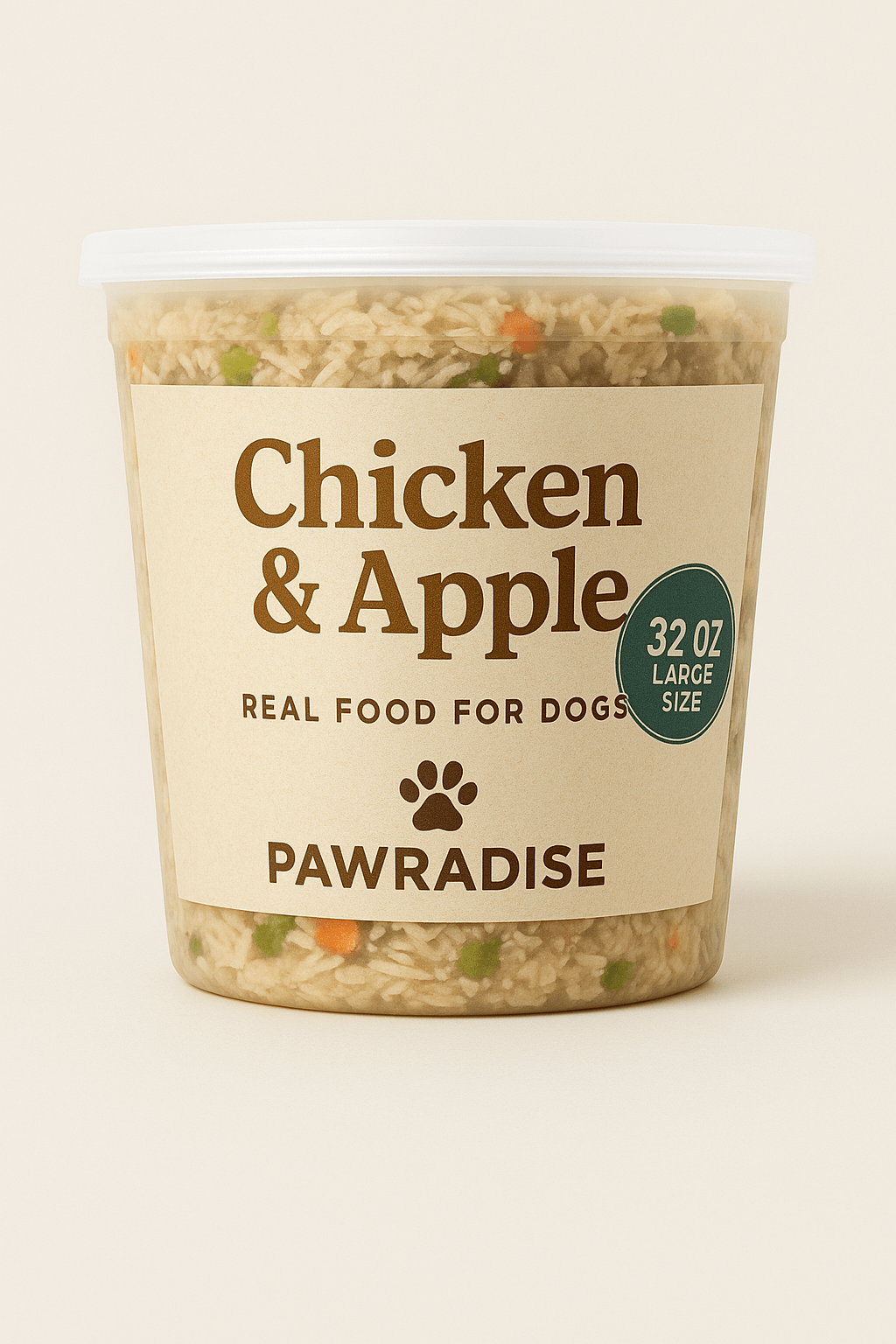 Large 32 oz Pawradise Chicken and Apple fresh dog food with real chicken, apple, vegetables, and brown rice for balanced canine nutrition.