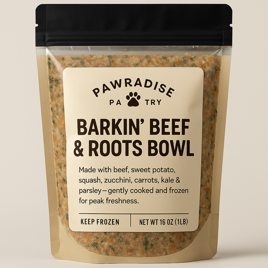 Barkin’ Beef & Roots Bowl – Fresh Frozen Dog Food with Real Vegetables”