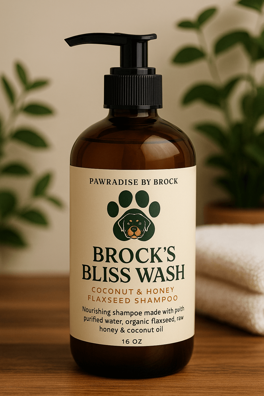 Brock's Bliss Wash Coconut & Honey Shampoo bottle for dogs, nourishing with flaxseed oil and natural ingredients.