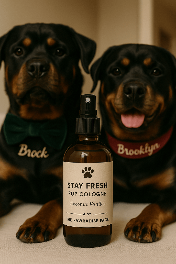 Two Rottweilers with a bottle of Stay Fresh Pup Cologne, Coconut Vanilla, on a beige background.