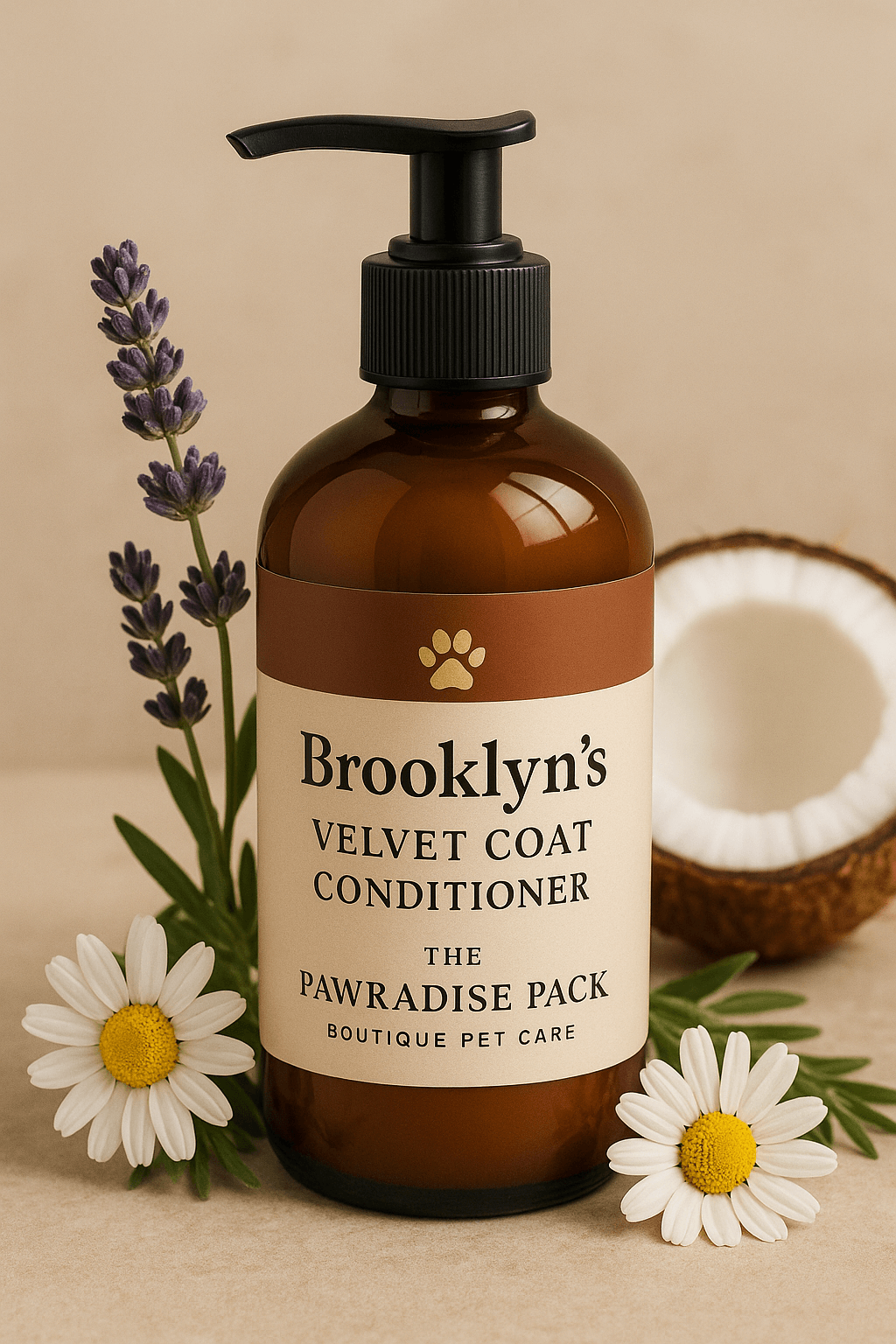 Brooklyn's Velvet Coat Conditioner bottle with flowers and coconut, promoting natural pet care and healthy coats.