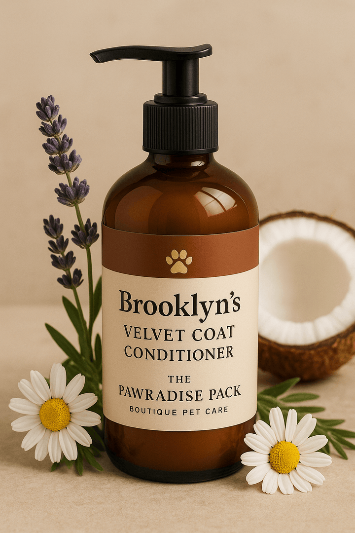 Brooklyn's Velvet Coat Conditioner bottle with flowers and coconut, promoting natural pet care and healthy coats.