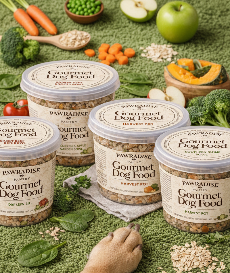 Jars of Pawradise Gourmet Dog Food on a green surface with vegetables and a hand reaching out. Fresh Starter Pack