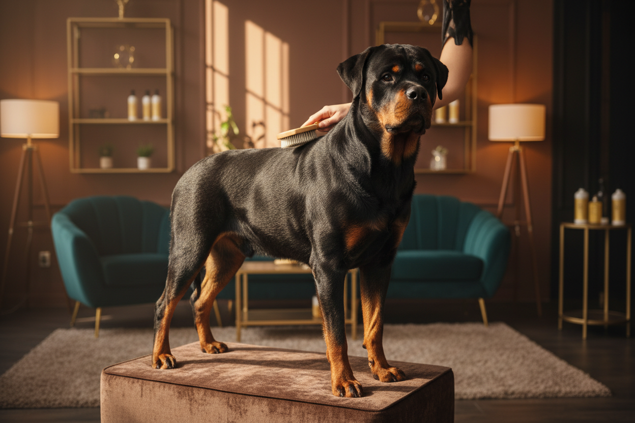 Rottweiler with silky shiny coat being brushed after conditioning