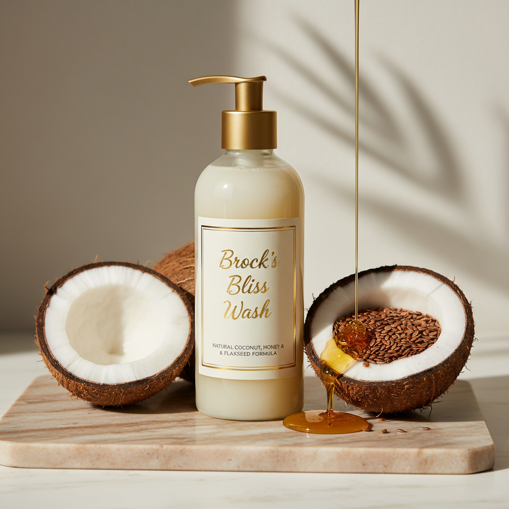 Brock's Bliss Wash bottle with coconut, honey, and flaxseed ingredients