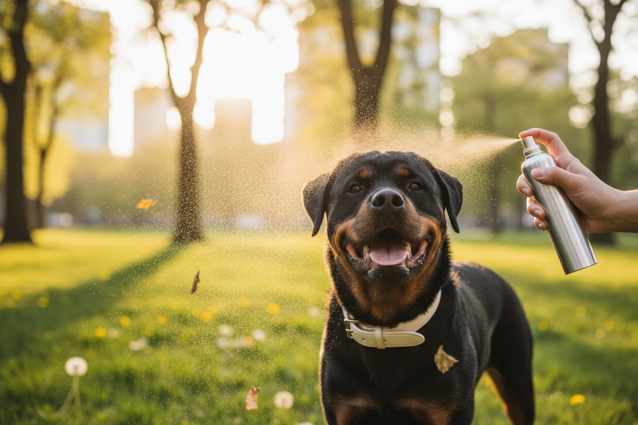 Rottweiler being spritzed with Brooklyn Breeze cologne spray