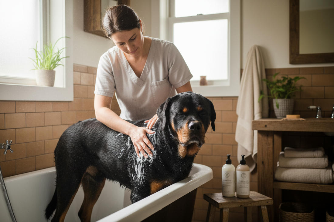 Woman applying conditioner to Rottweiler dog during grooming session