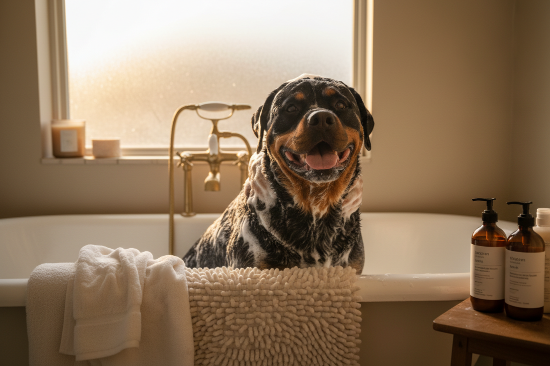 Rottweiler enjoying a bath with Brock's Bliss Wash shampoo