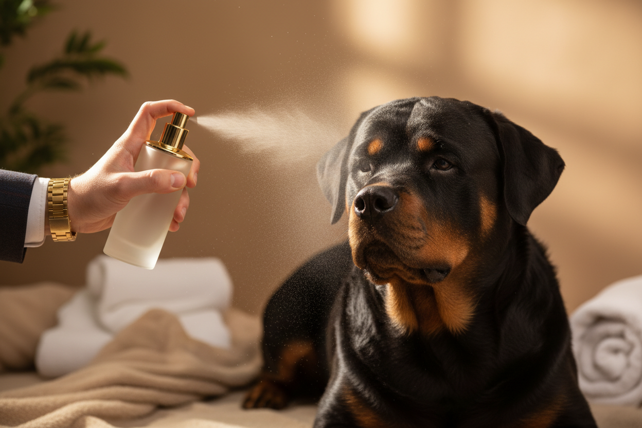 Spraying Cologne on Dog